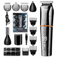 Waterproof 11-in-1 men's grooming kit and black cordless trimmer with interchangeable attachments
