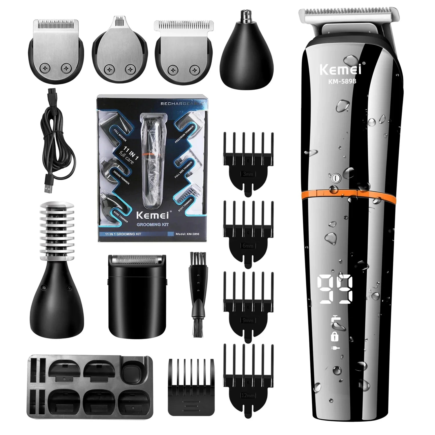 Black 11-in-1 men's waterproof grooming kit and cordless beard trimmer with interchangeable heads.