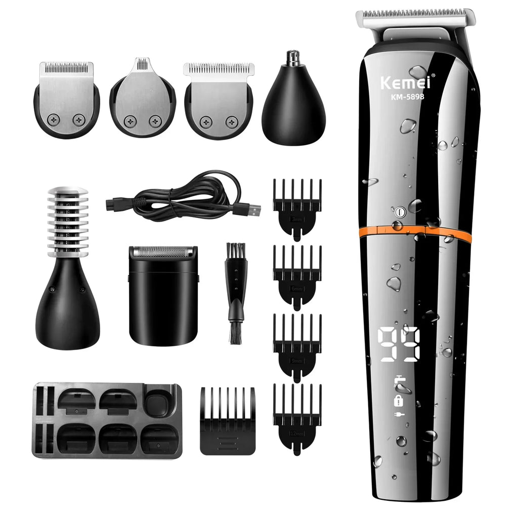 Waterproof 11-in-1 men's grooming kit and black cordless trimmer with interchangeable attachments — view 2