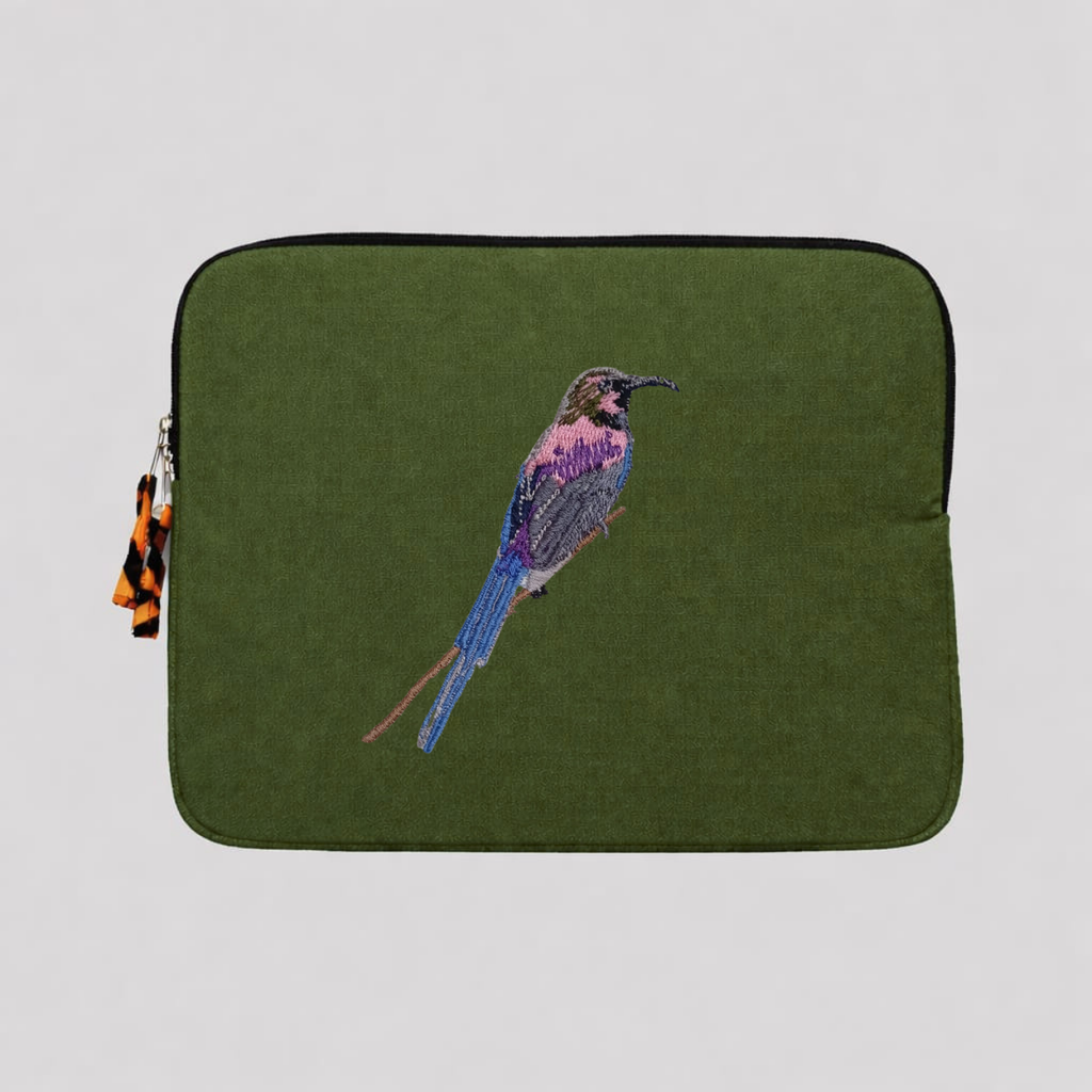 Tacazze Sunbird cotton canvas laptop sleeve featuring detailed bird embroidery in warm earthy colors — view 4