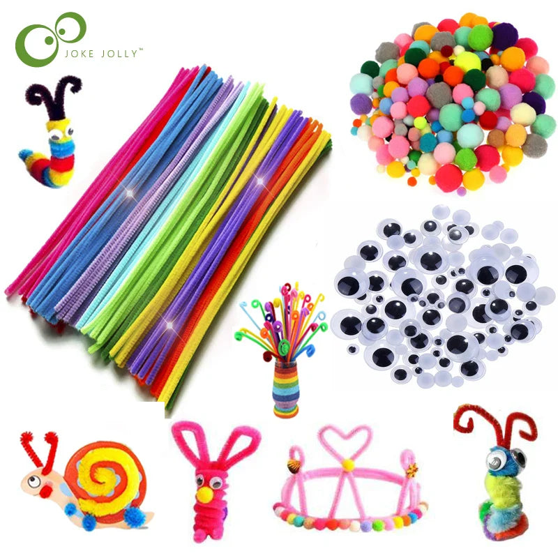 Colorful pompom kids craft set with bendable plush sticks and assorted DIY learning materials.