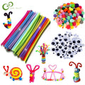 Colorful pompom kids craft set with bendable plush sticks and assorted DIY learning materials.