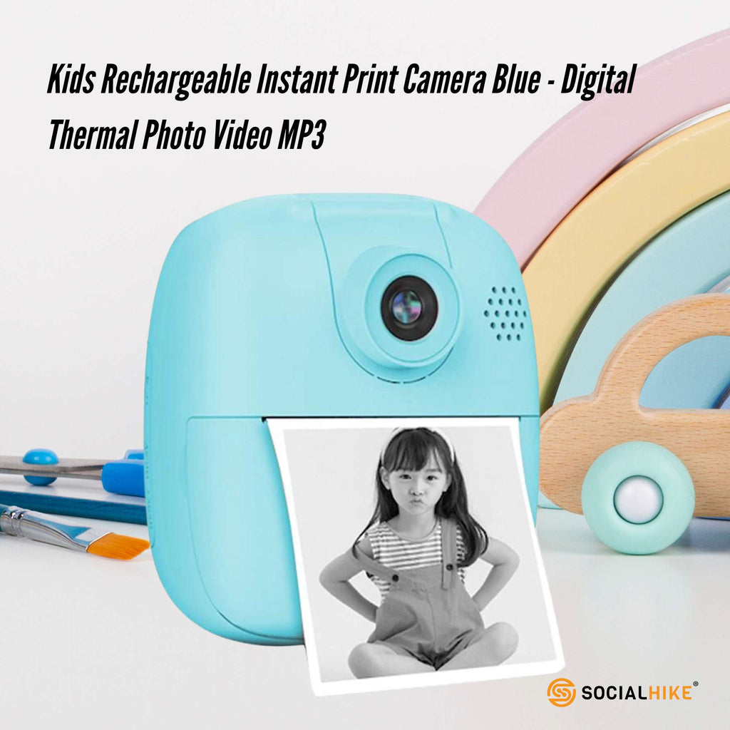 Blue kids instant print camera with dinosaur decal, thermal paper roll, and carry lanyard — view 2