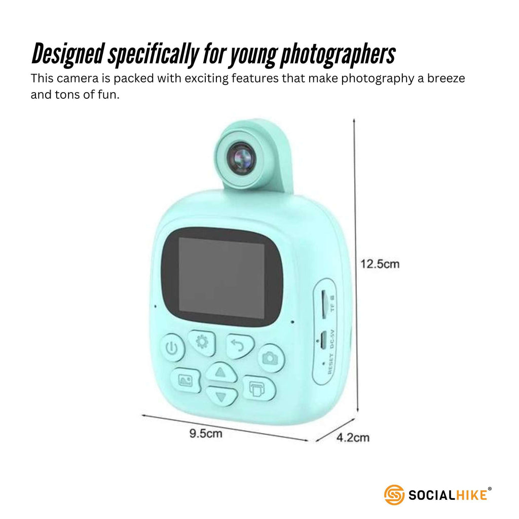 Blue kids instant print camera with dinosaur decal, thermal paper roll, and carry lanyard — view 3