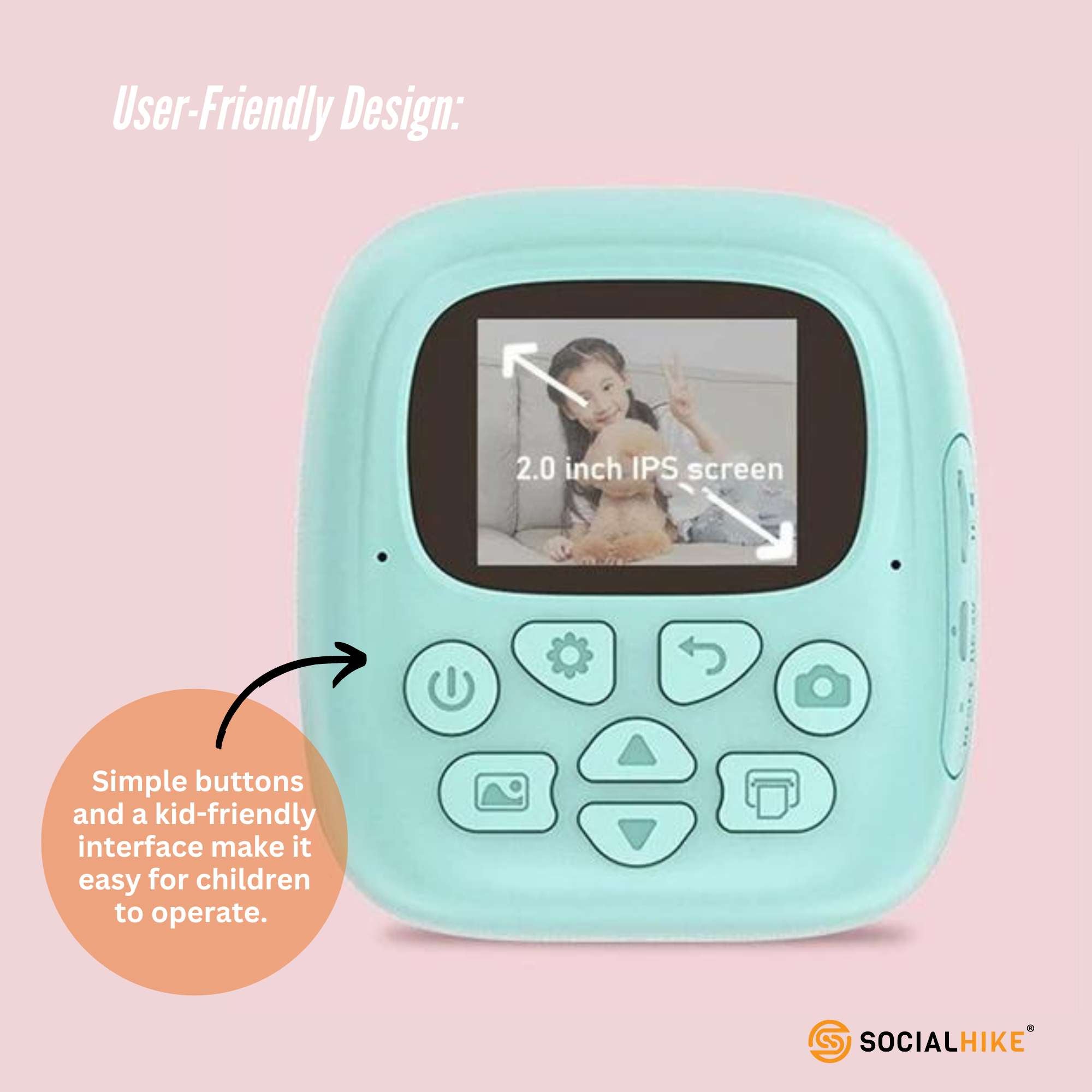 Blue kids instant print camera with dinosaur decal, thermal paper roll, and carry lanyard — view 5
