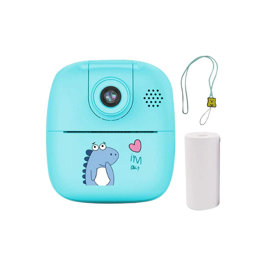 Blue kids instant print camera with dinosaur decal, thermal paper roll, and carry lanyard
