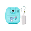 Blue kids instant print camera with dinosaur decal, thermal paper roll, and carry lanyard