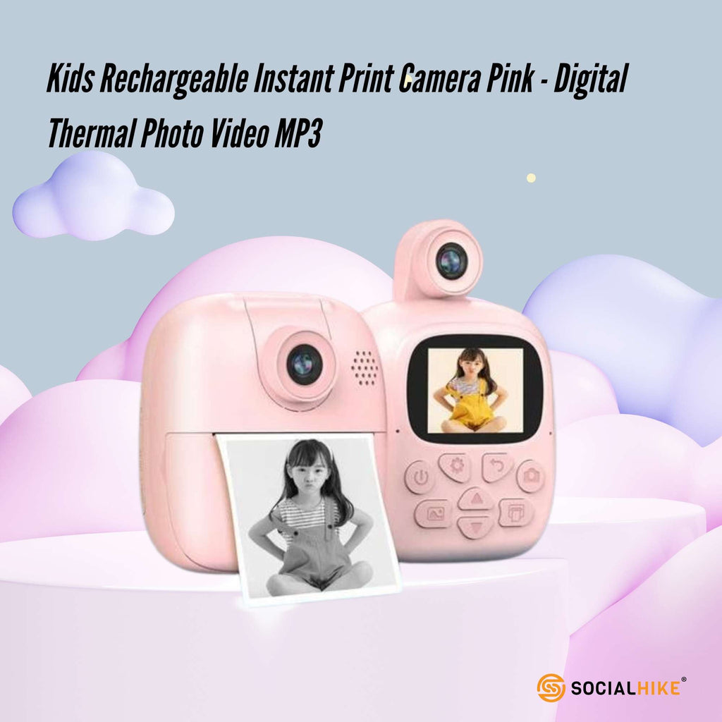 Pink kids instant print camera with bunny decal featuring built-in screen and thermal paper roll — view 2