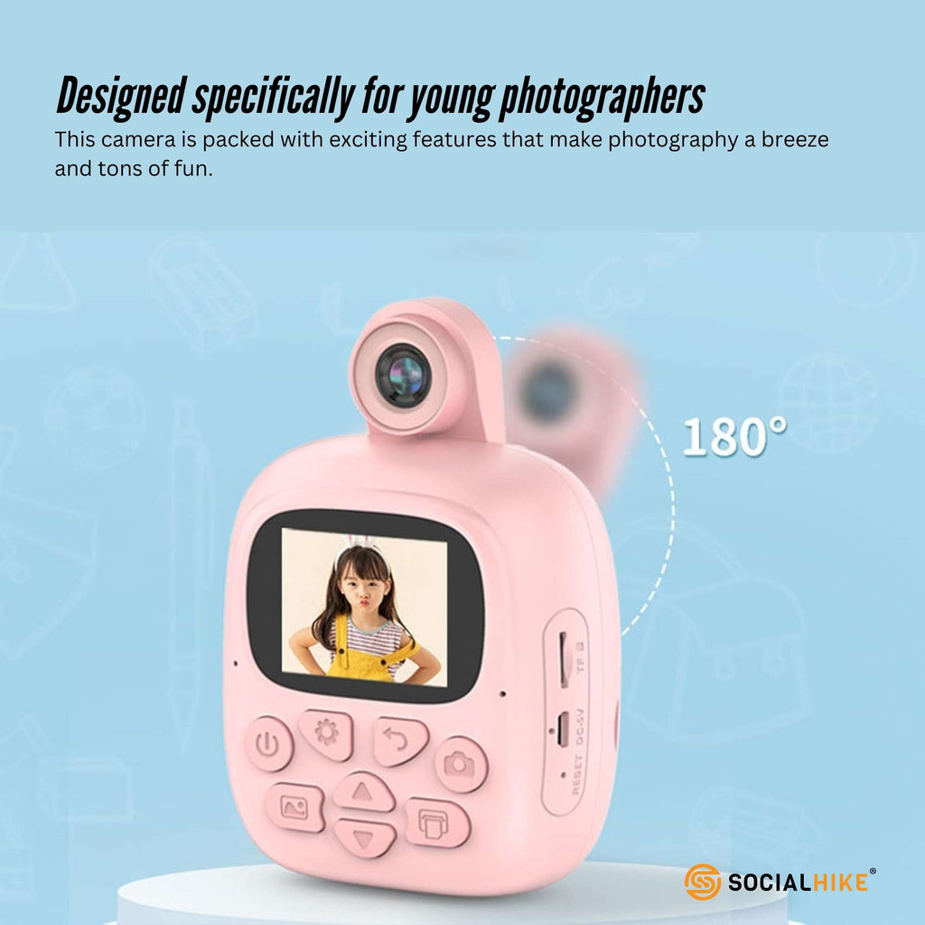 Pink kids instant print camera with bunny decal featuring built-in screen and thermal paper roll — view 3