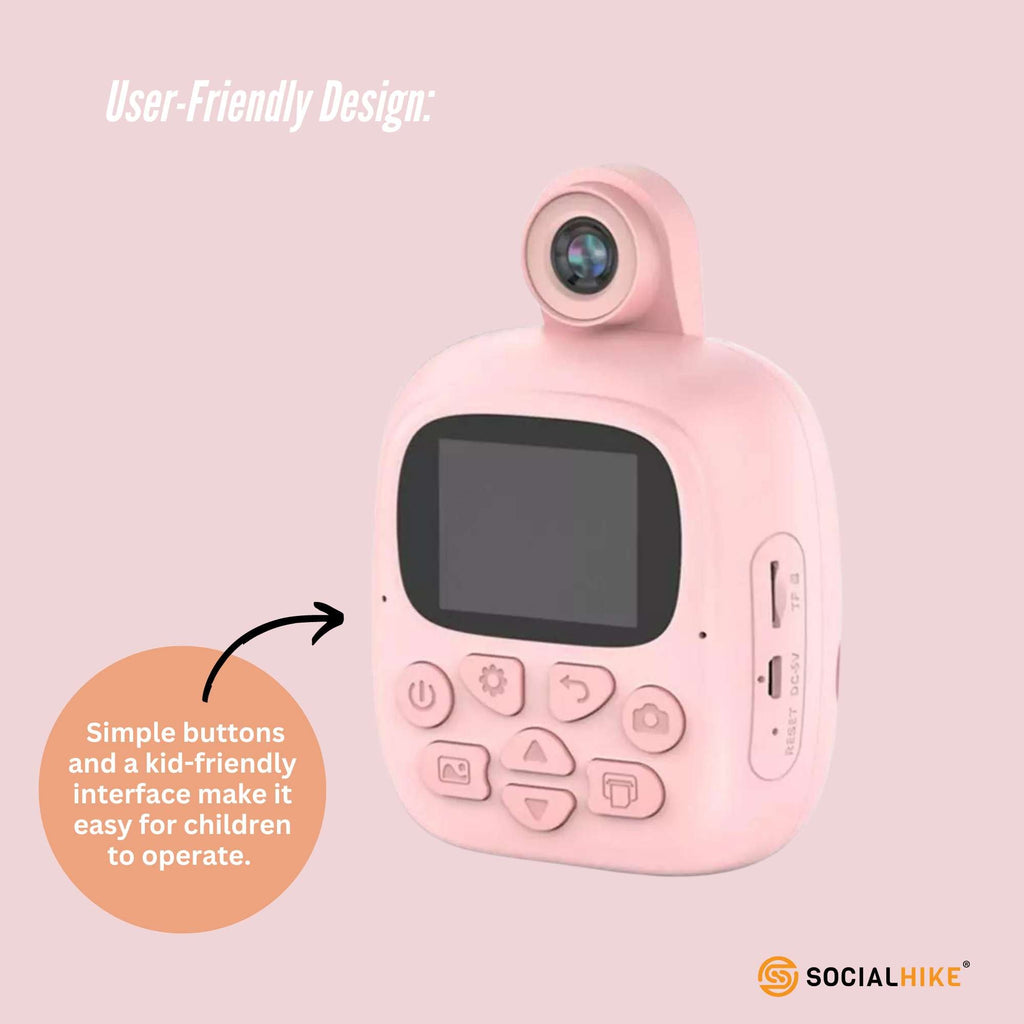 Pink kids instant print camera with bunny decal featuring built-in screen and thermal paper roll — view 5