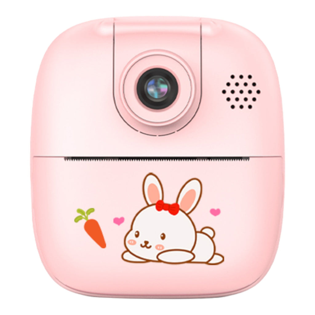 Pink kids instant print camera with bunny decal featuring built-in screen and thermal paper roll