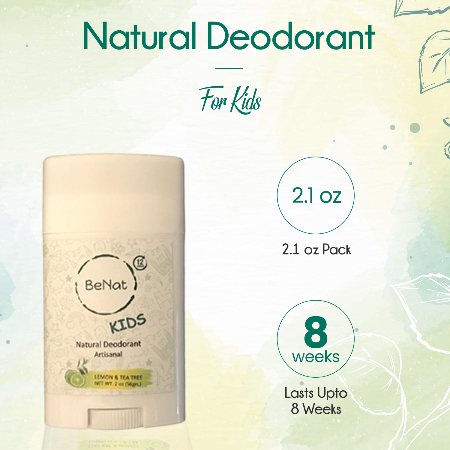 Natural deodorant stick for kids and teens in clean white packaging with essential oil ingredients — view 2