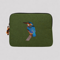 Malachite Kingfisher embroidered 13 to 14 inch laptop sleeve in warm earthy cotton canvas.
