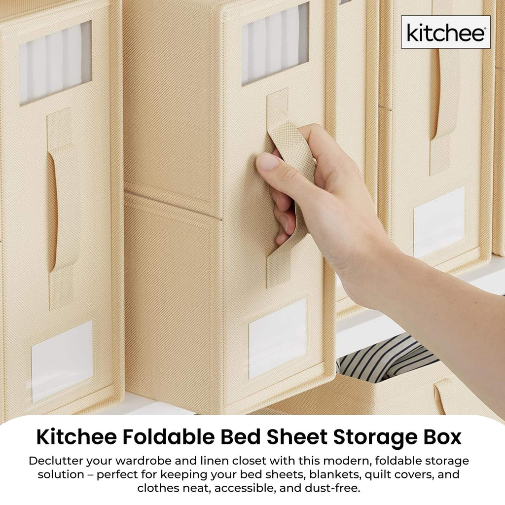 Beige foldable closet organizer storage box made of Oxford cloth with clear viewing window — view 2