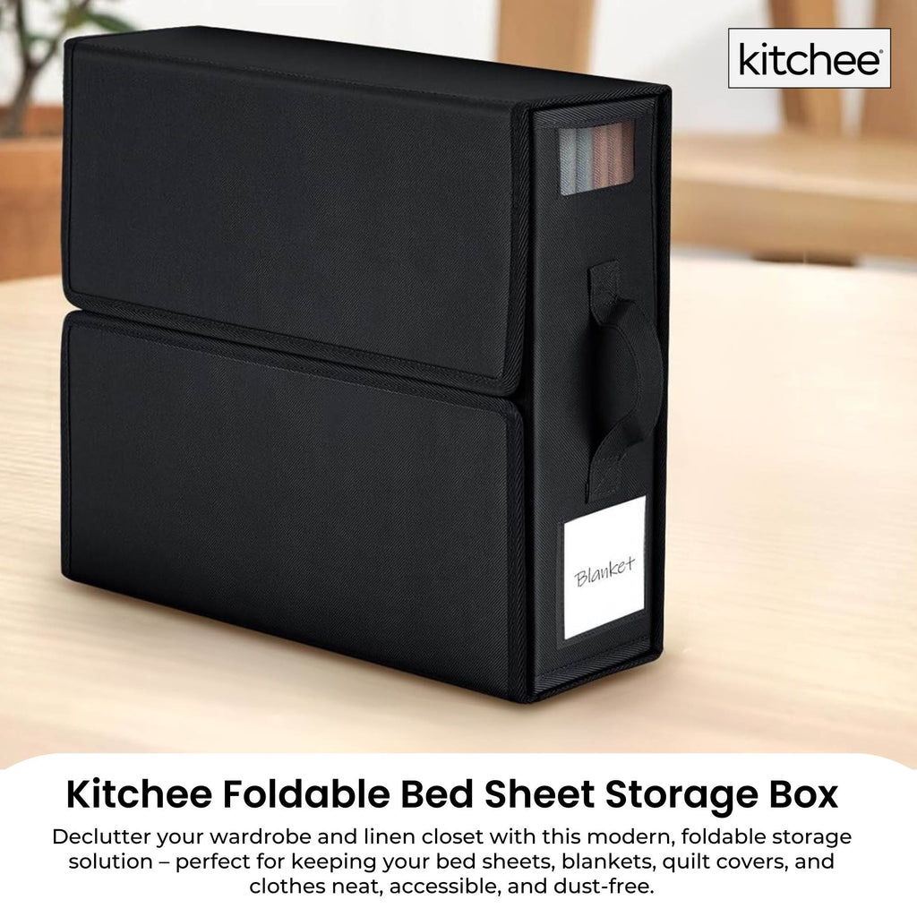 Black foldable Oxford cloth bed sheet storage box with clear window and easy pull-out handle — view 2