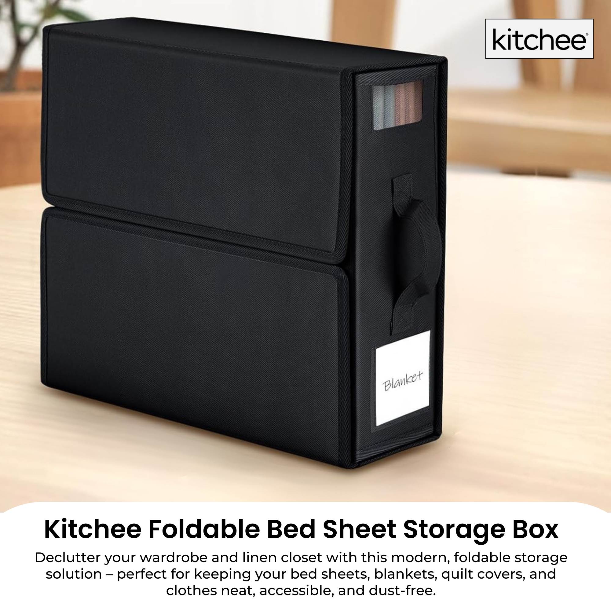 Black foldable Oxford cloth bed sheet storage box with clear window and easy pull-out handle — view 2