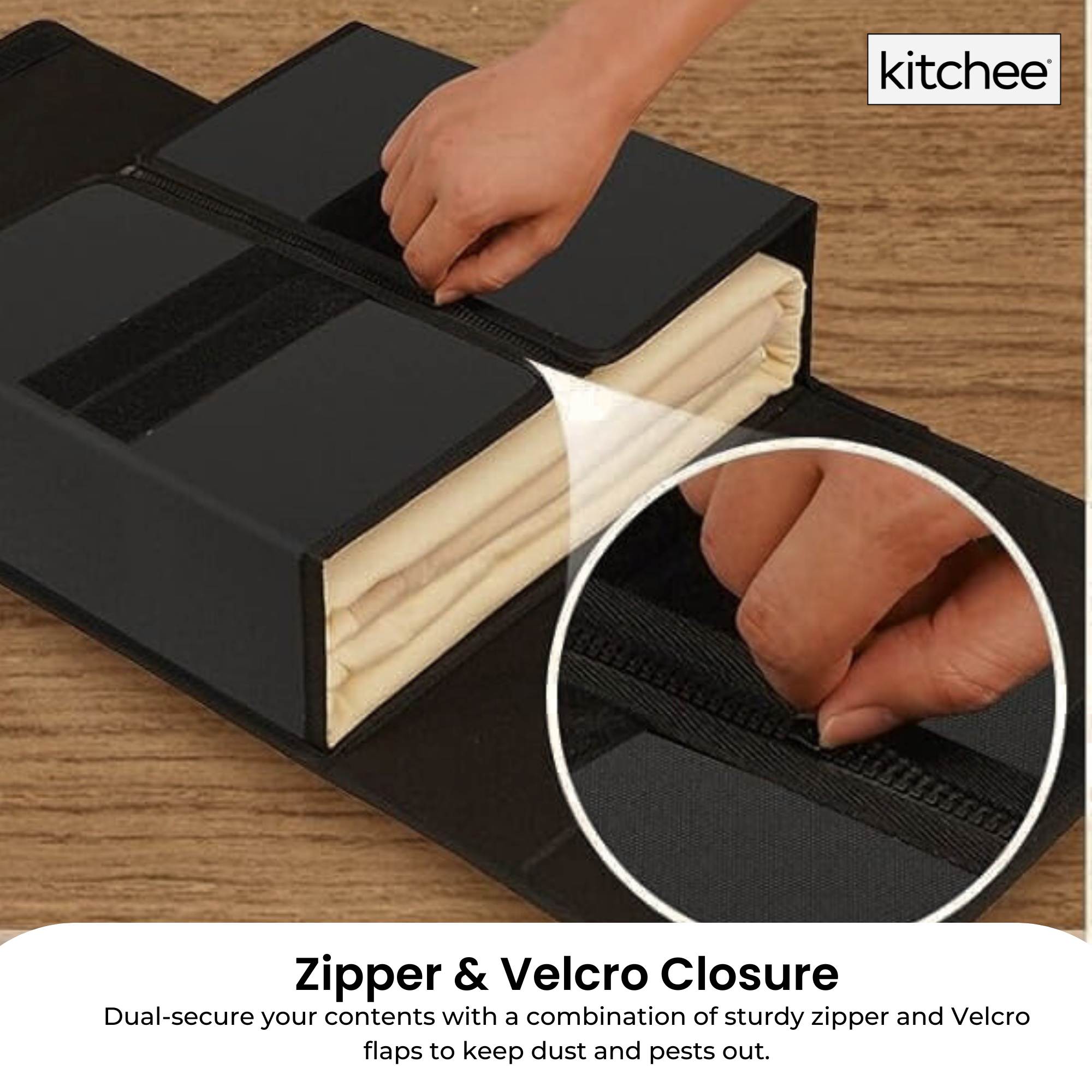 Black foldable Oxford cloth bed sheet storage box with clear window and easy pull-out handle — view 3