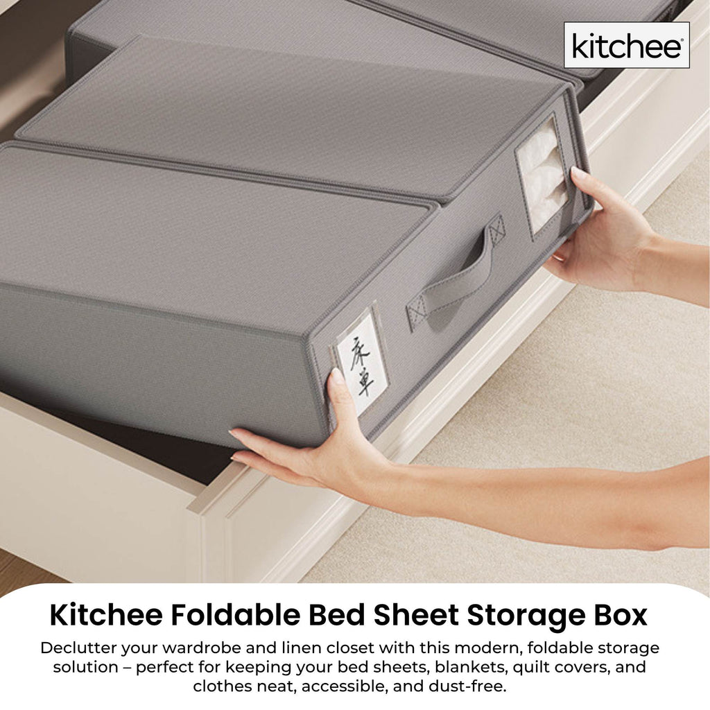 Grey foldable bed sheet storage box made of Oxford cloth with clear viewing window — view 2