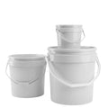 White food grade plastic storage bucket with tamper evident lid and carry handle in multiple sizes