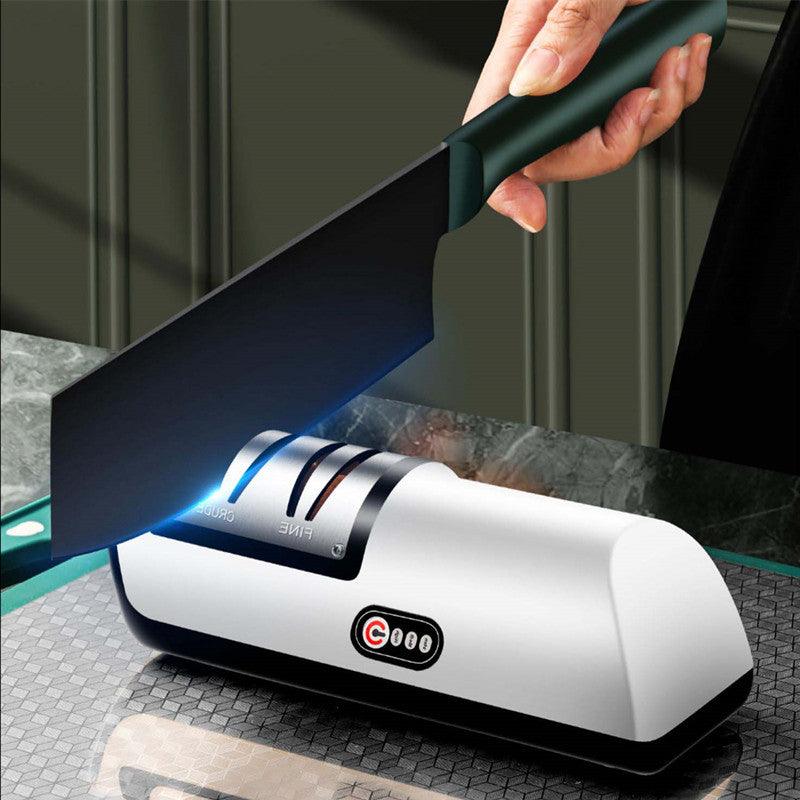 Electric kitchen utensil knife sharpener with USB charging cord and sleek ABS casing