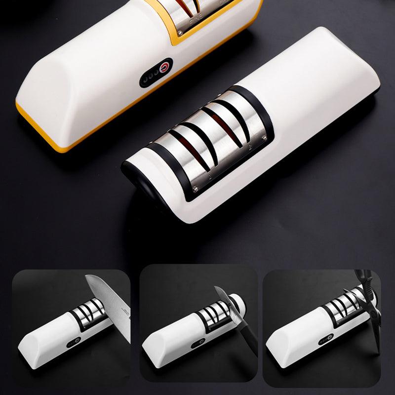 Electric kitchen utensil knife sharpener with USB charging cord and sleek ABS casing — view 2