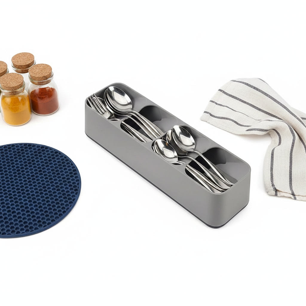 Gray plastic kitchen drawer organizer tray with compartments for cutlery, knives, and spice bottles