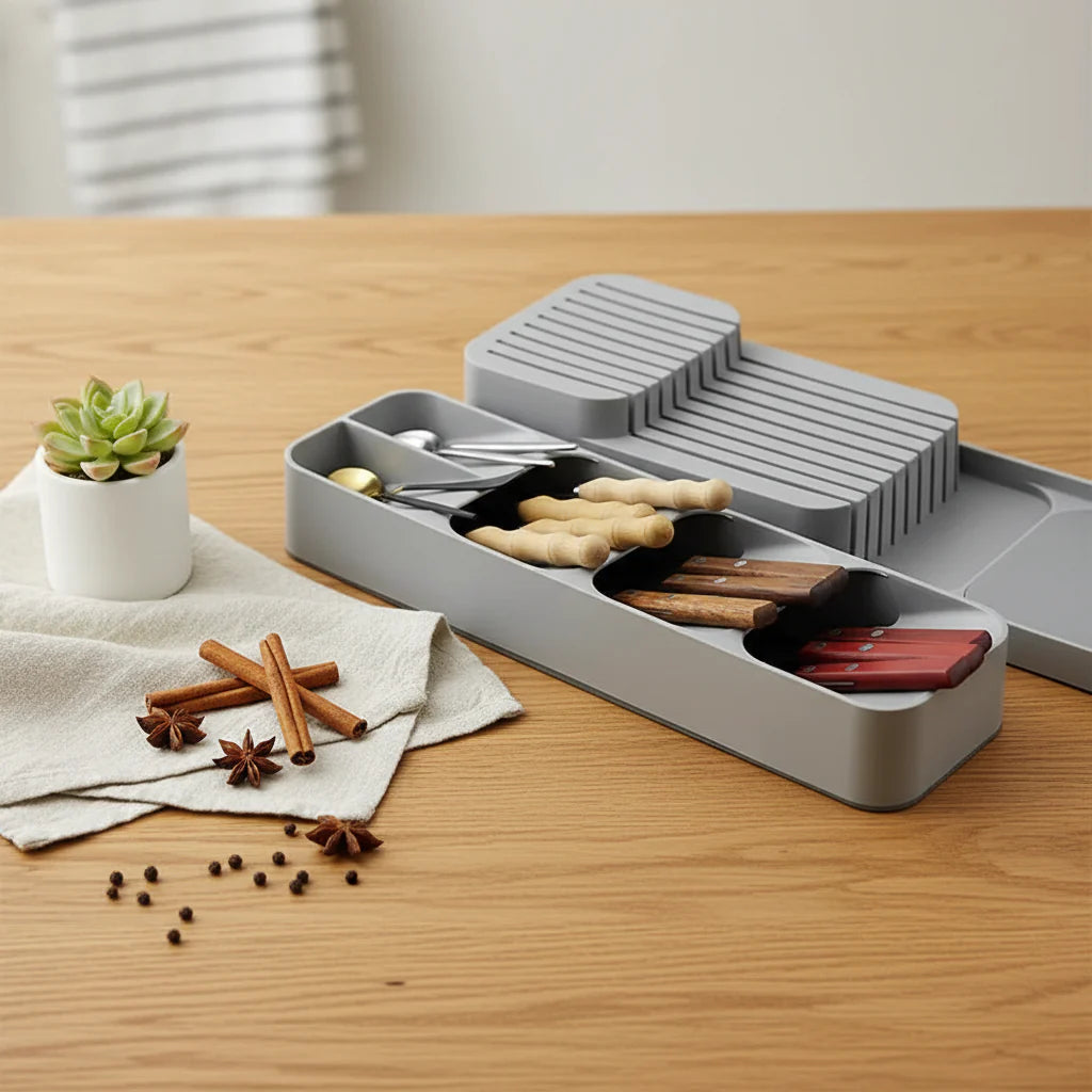 Gray plastic kitchen drawer organizer tray with compartments for cutlery, knives, and spice bottles — view 2