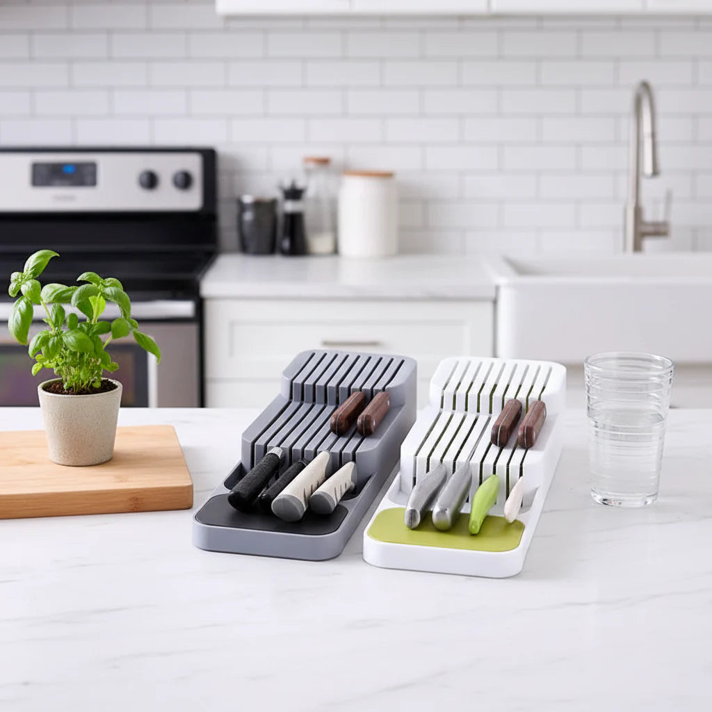 Gray plastic kitchen drawer organizer tray with compartments for cutlery, knives, and spice bottles — view 4
