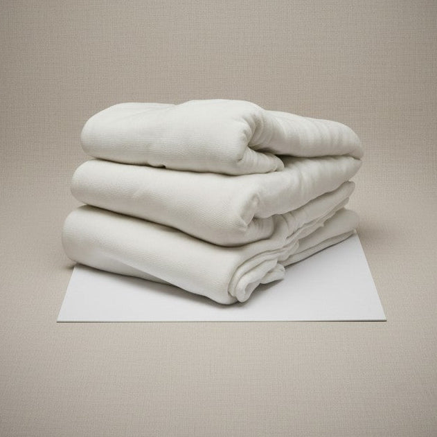 White cotton blend knitted fitted sheet and medical stretcher sheet with ceil blue accents