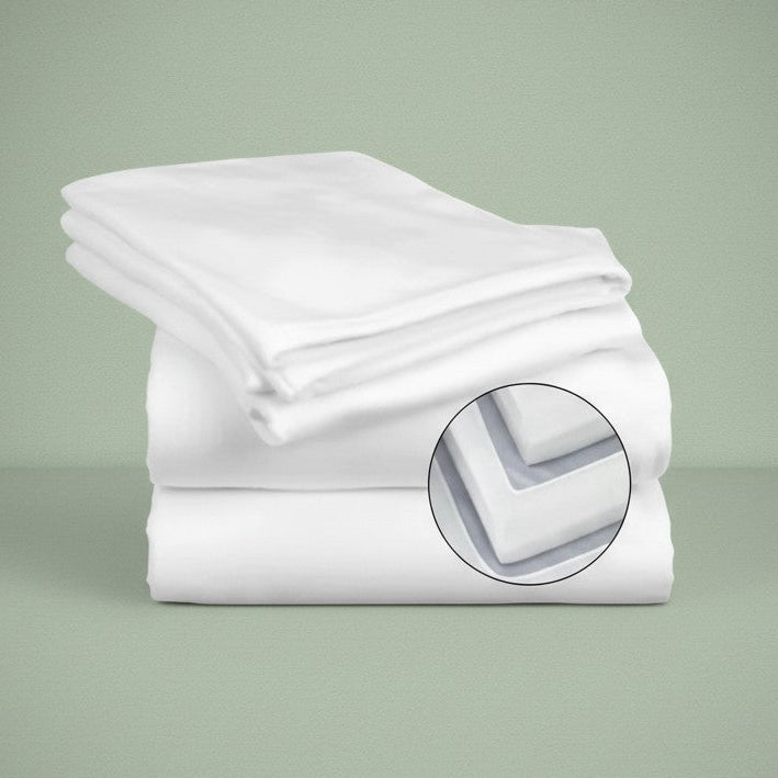 White cotton blend knitted fitted sheet and medical stretcher sheet with ceil blue accents — view 3