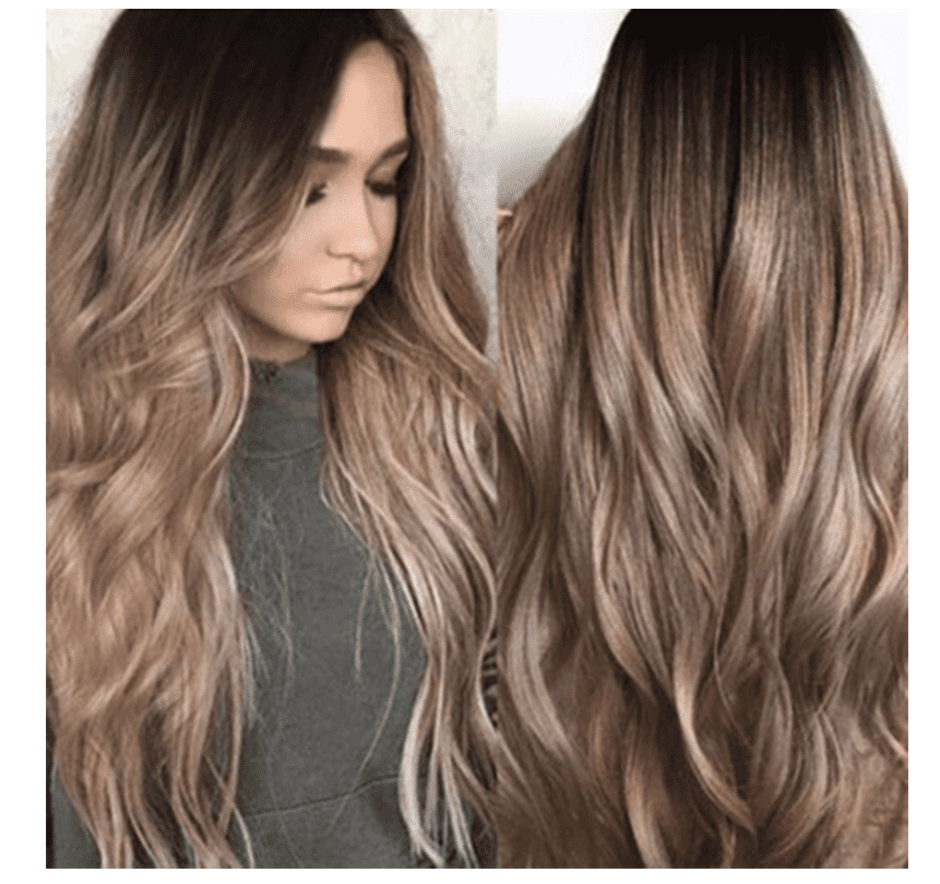 Gradient long curly hair wig made of premium matte Korean silk featuring a realistic natural scalp