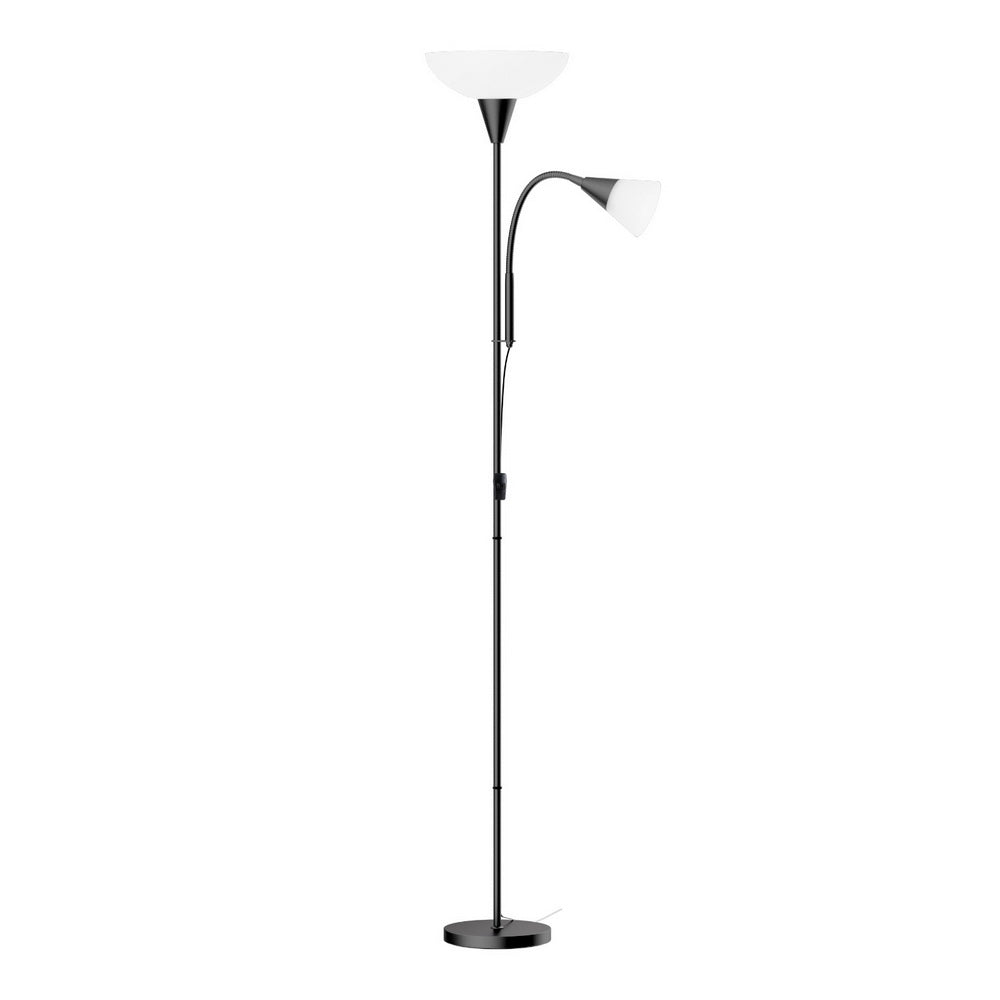 Black mother and child floor lamp with dual shades and a sturdy metal base