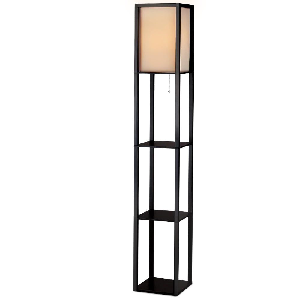 Vintage black 3-tier shelf floor lamp featuring a square fabric shade and display shelving