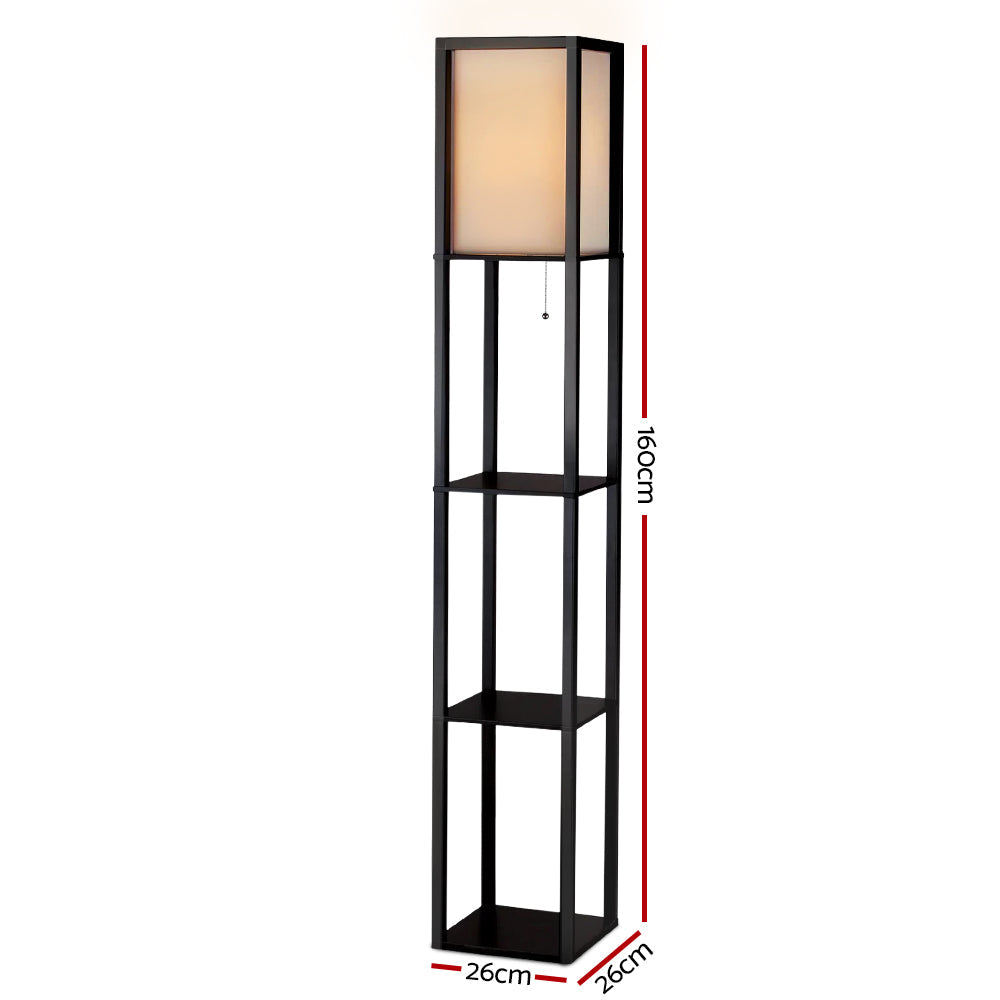 Vintage black 3-tier shelf floor lamp featuring a square fabric shade and display shelving — view 2