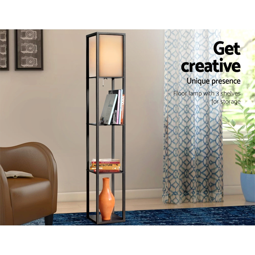 Vintage black 3-tier shelf floor lamp featuring a square fabric shade and display shelving — view 3