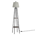 Modern black shelf floor lamp featuring three storage tiers and a soothing linen fabric shade.