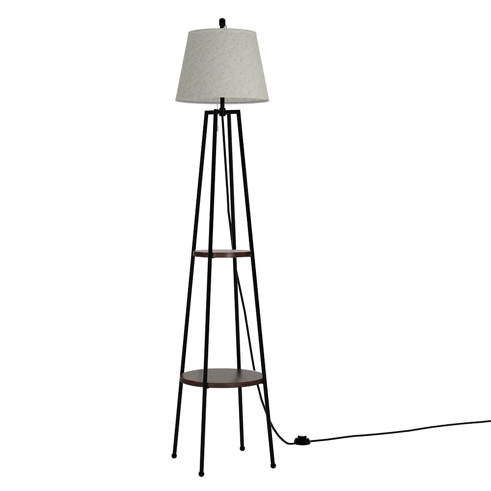 Modern black shelf floor lamp featuring three storage tiers and a soothing linen fabric shade.