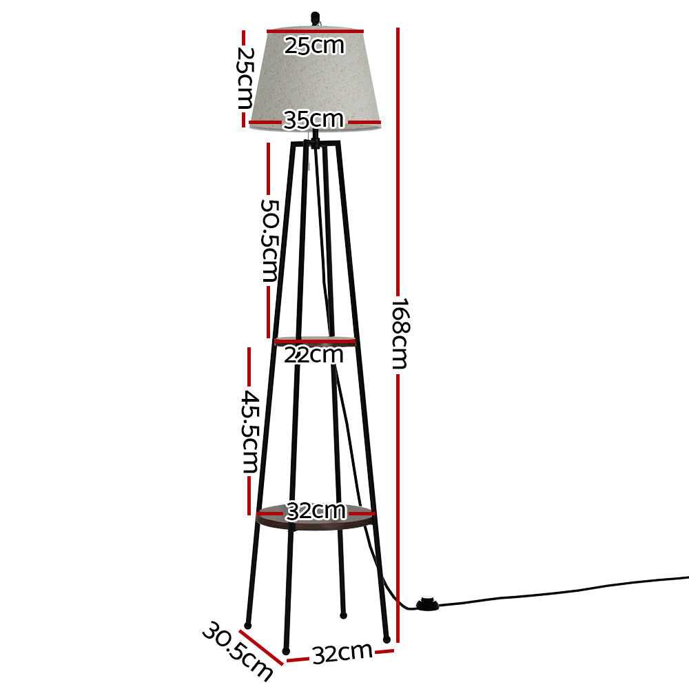 Modern black shelf floor lamp featuring three storage tiers and a soothing linen fabric shade. — view 2