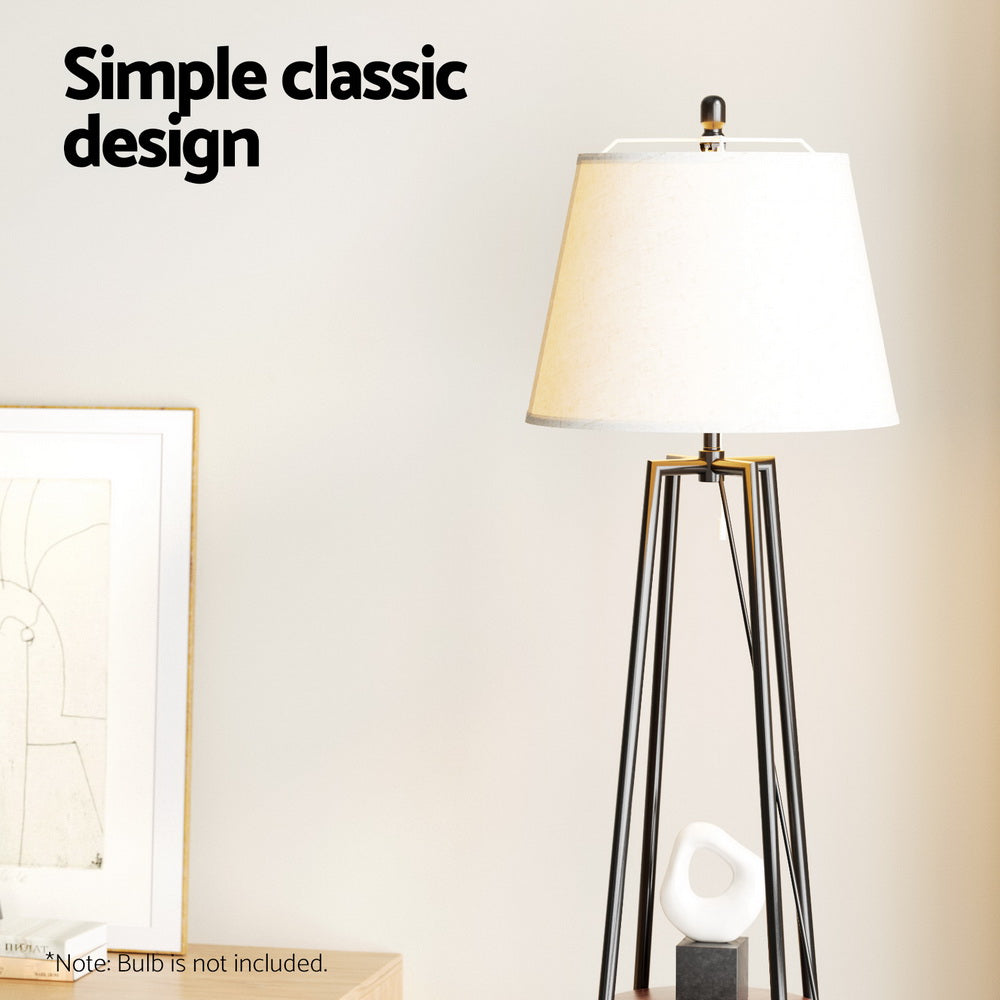 Modern black shelf floor lamp featuring three storage tiers and a soothing linen fabric shade. — view 5