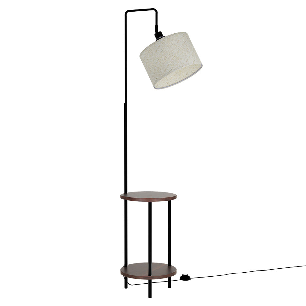 Artiss modern black tripod floor lamp with linen shade and adjustable wooden storage shelves