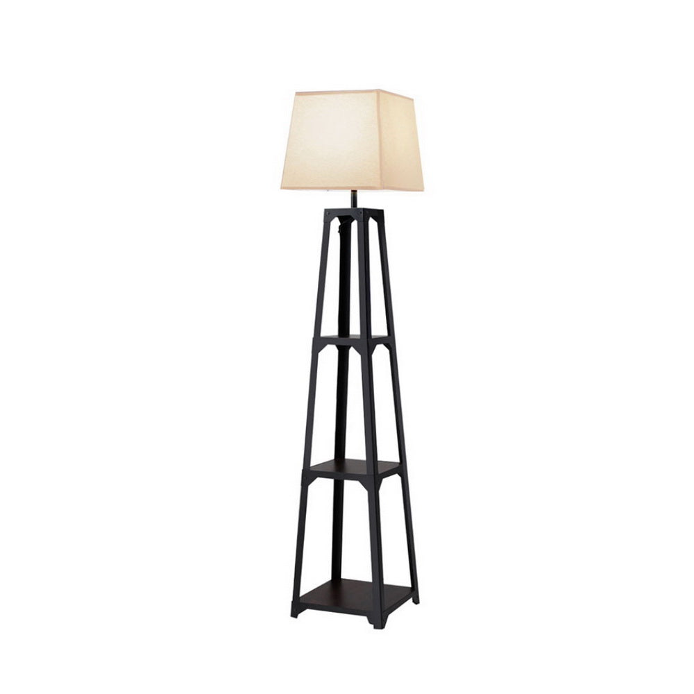 Vintage white 3-tier shelf storage floor lamp with a linen fabric shade and display shelves.