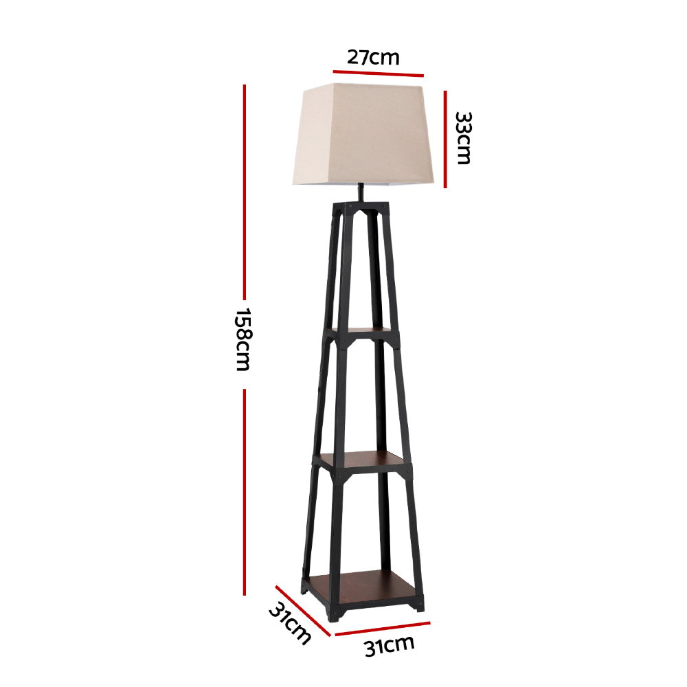 Vintage white 3-tier shelf storage floor lamp with a linen fabric shade and display shelves. — view 2