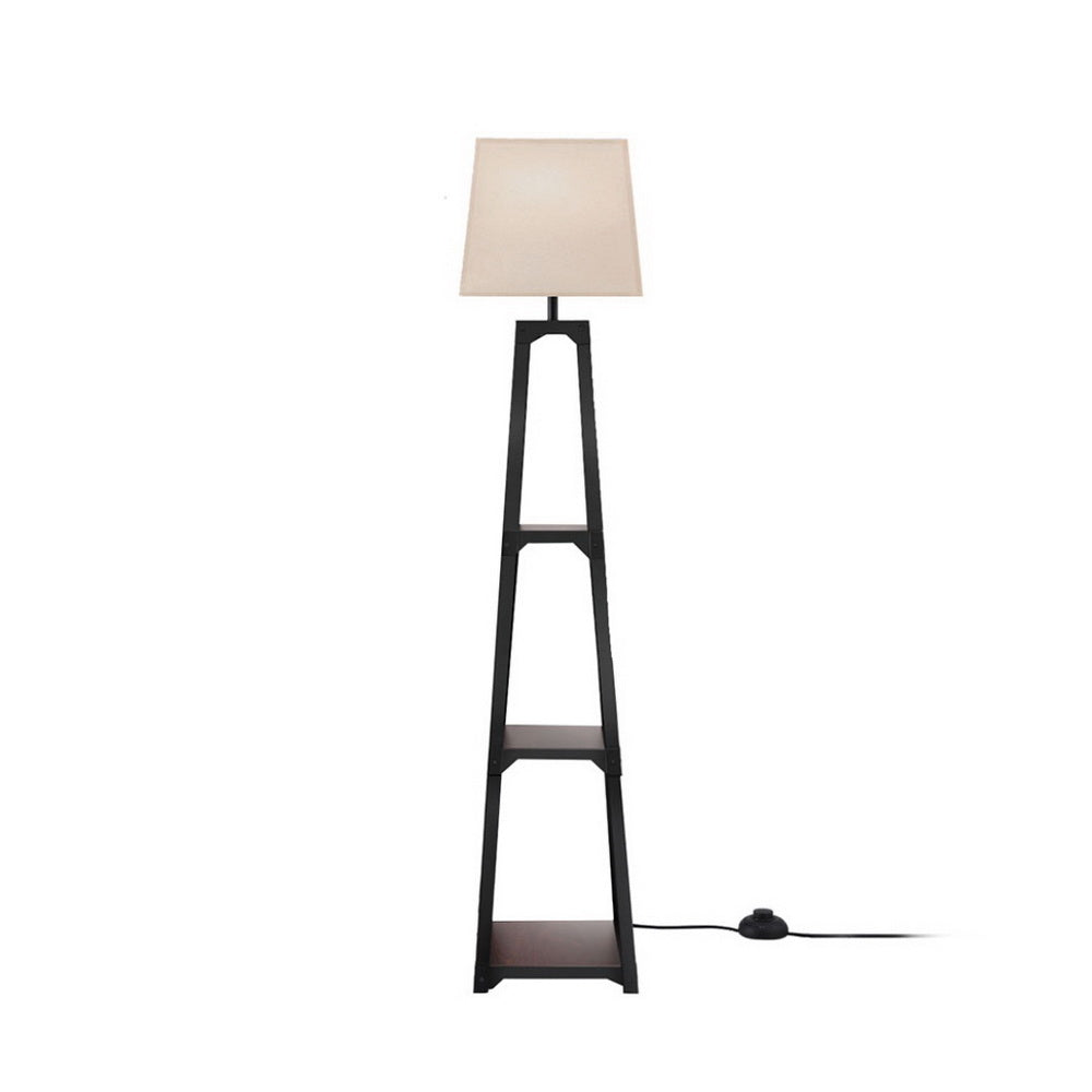 Vintage white 3-tier shelf storage floor lamp with a linen fabric shade and display shelves. — view 3