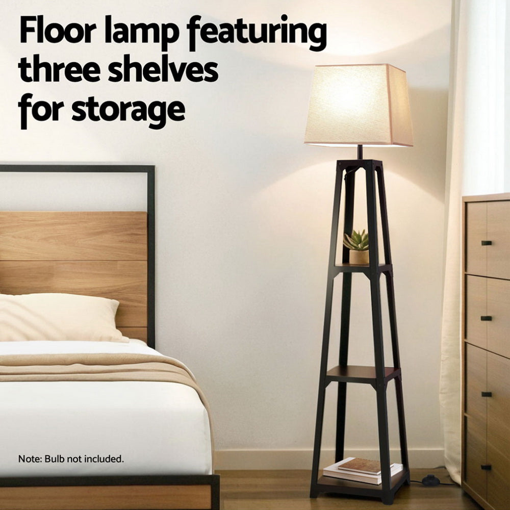 Vintage white 3-tier shelf storage floor lamp with a linen fabric shade and display shelves. — view 4