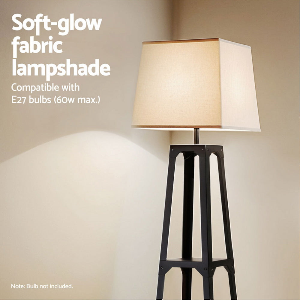Vintage white 3-tier shelf storage floor lamp with a linen fabric shade and display shelves. — view 5