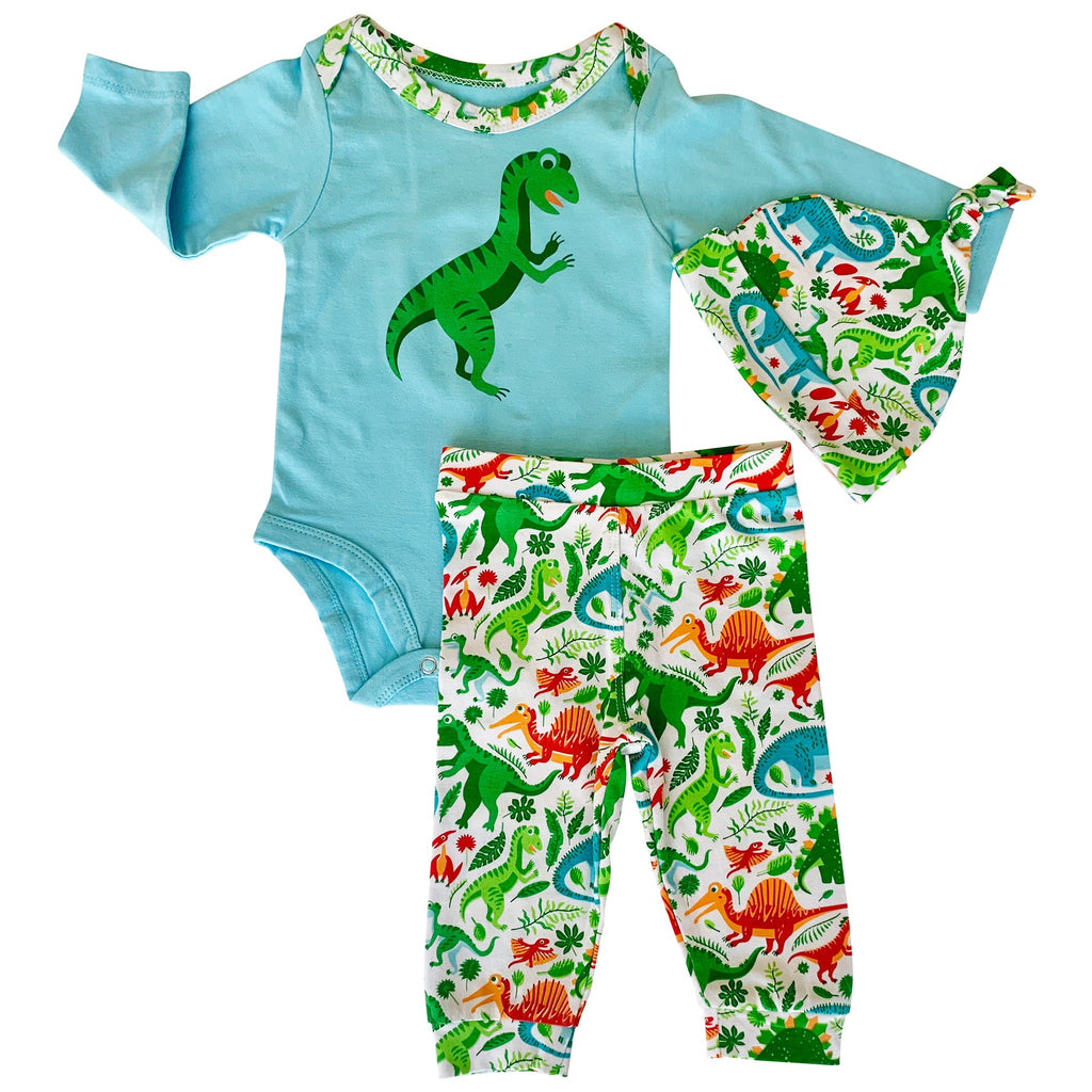 3-piece dinosaur baby layette set with green and white bodysuit, jogger pants, and cap