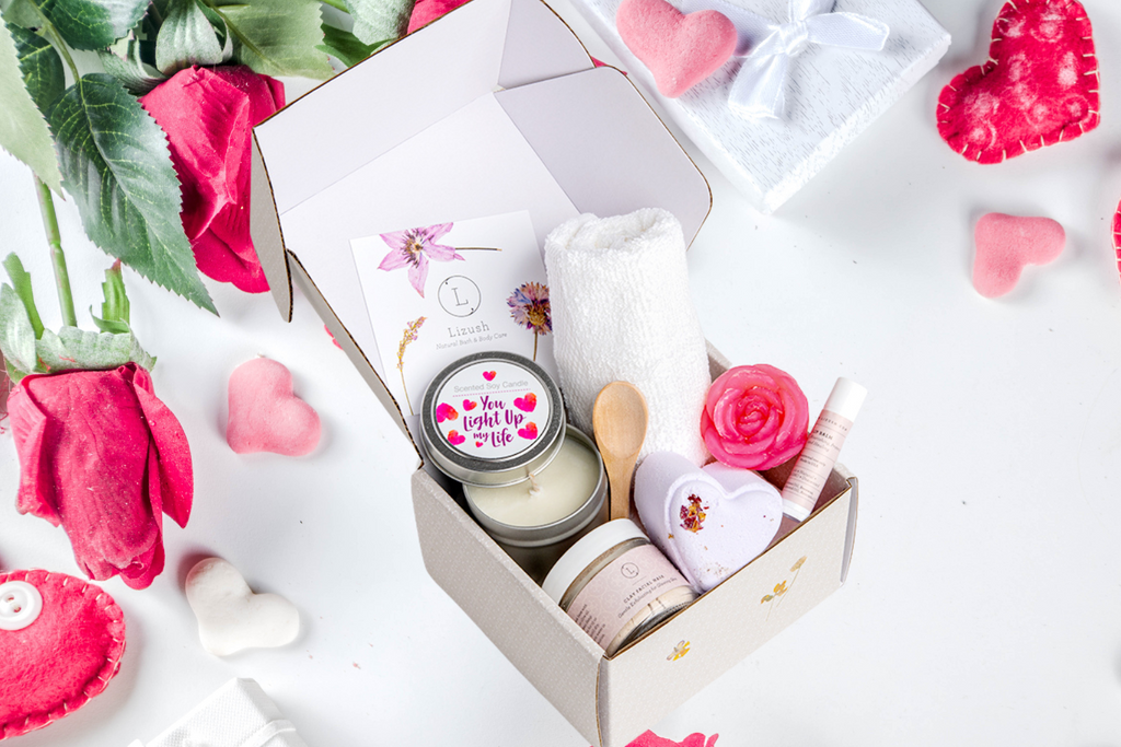 Natural lavender spa skincare gift box featuring soap, clay mask, lip balm, and soy candle