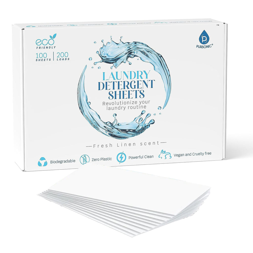 Natural eco friendly laundry detergent sheets in fresh linen scent arranged next to clean folded clothes — view 3