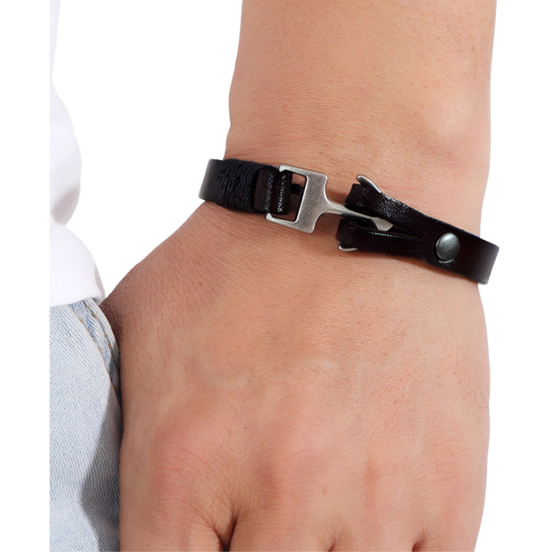 Mens black PU leather bracelet featuring a silver tone metal anchor hook clasp and sophisticated box — view 2