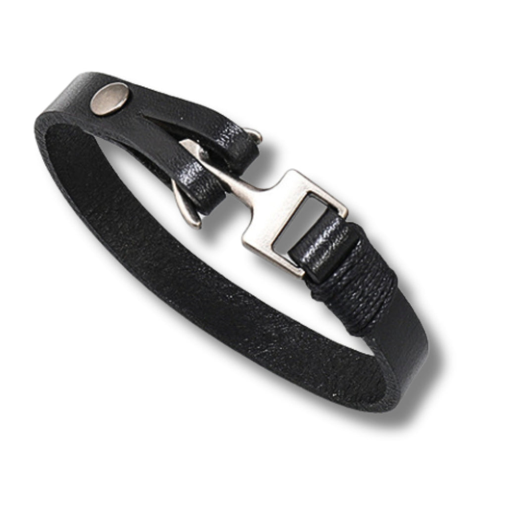 Mens black PU leather bracelet featuring a silver tone metal anchor hook clasp and sophisticated box